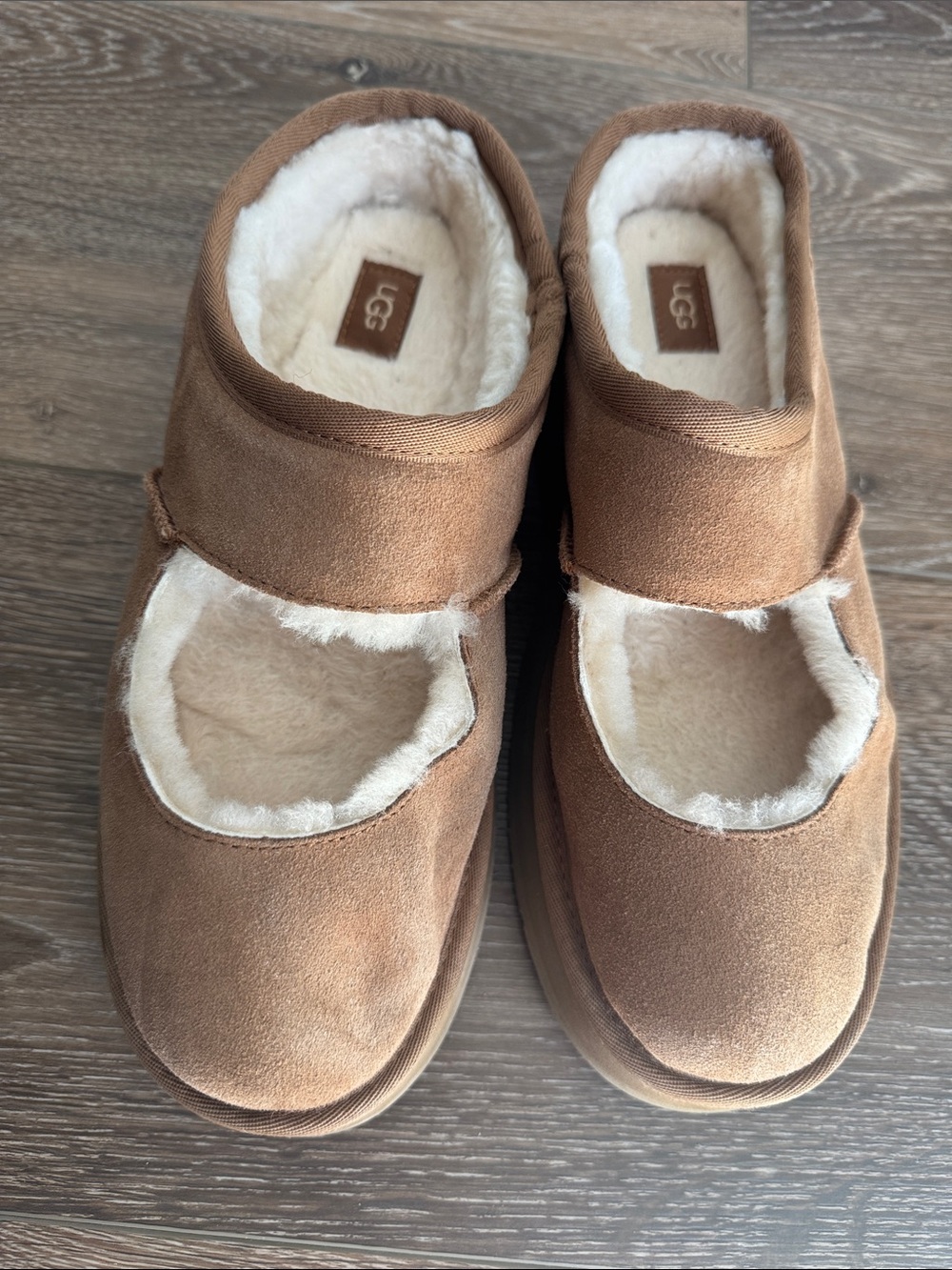 UGG womens Brown Suede Mary Jane Slip-On Slippers with Cream Shearling. Size 11